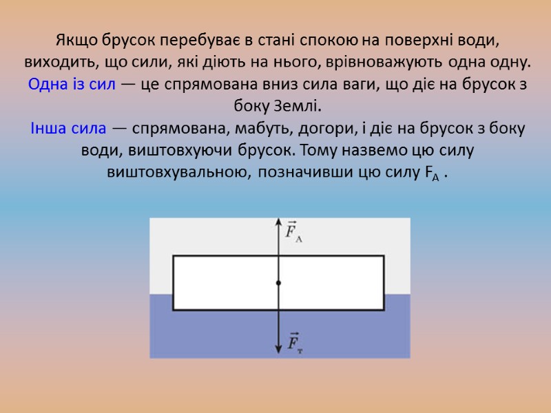 Якщо брусок перебуває в стані спокою на поверхні води, виходить, що сили, які діють